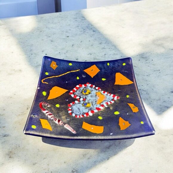 Hand Made Dichroic Fused Art Glass Square Dish Plate Christmas Decorated Vintage - Picture 3 of 15